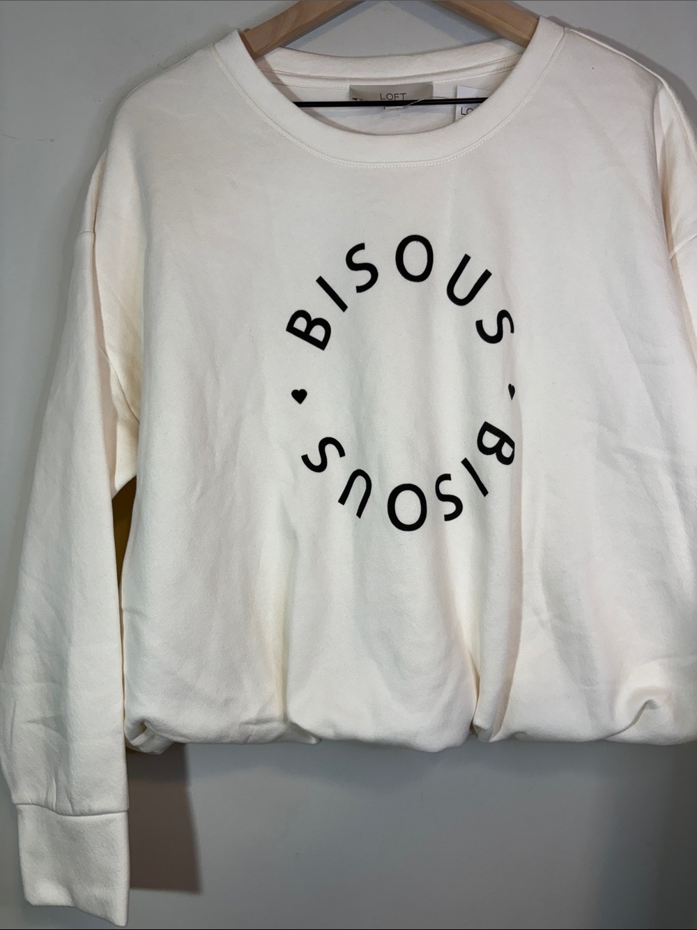 NWT Cream Loft Bisous Bisous Bubble Hem Crewneck Plush Cotton Blend Sweatshirt X